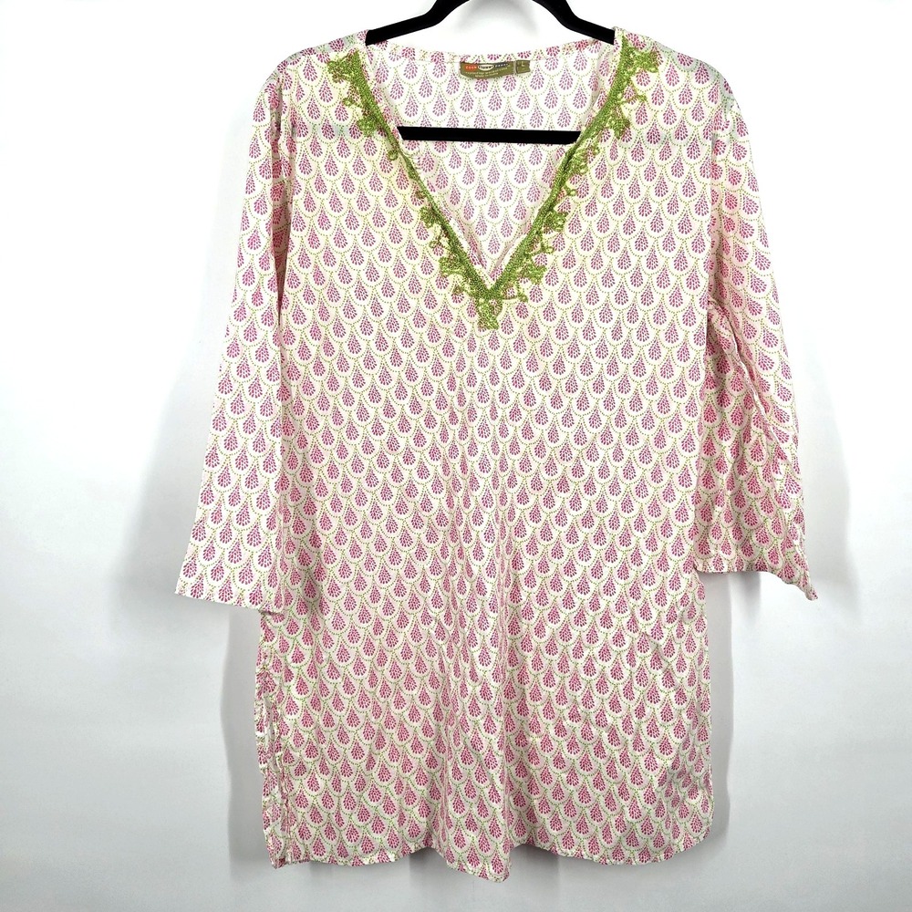 Rock Flower Paper Tunic Top Green Botanical Tunic 3/4 Sleeve Swim Cover L Cotton